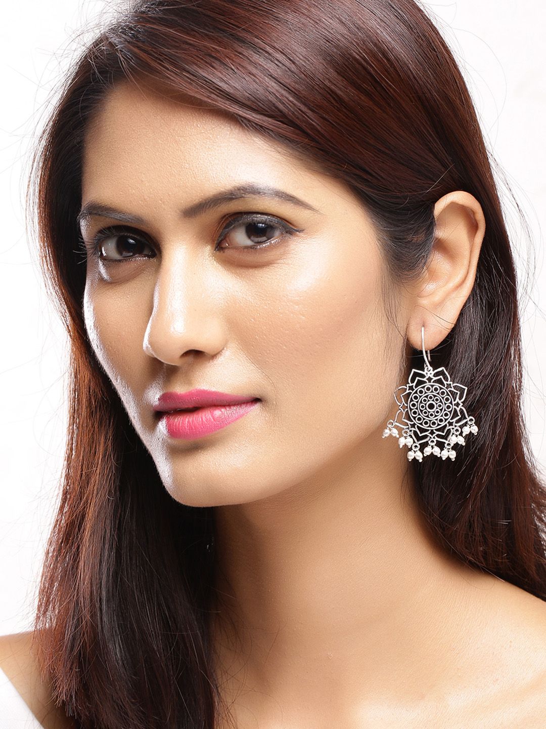 Voylla Silver-Toned Floral Oxidised Drop Earrings Price in India