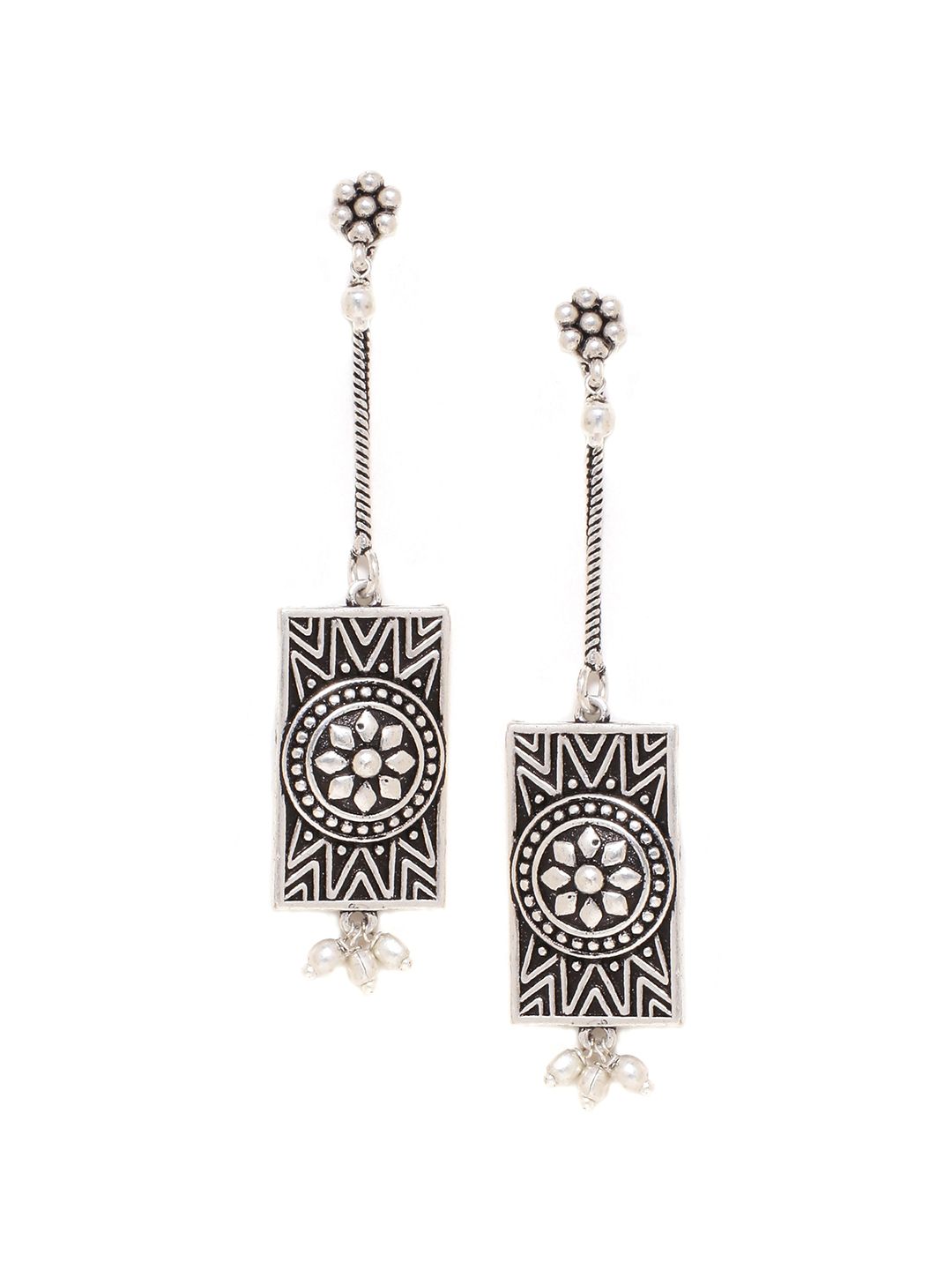 Voylla Silver-Toned Geometric Oxidised Drop Earrings Price in India