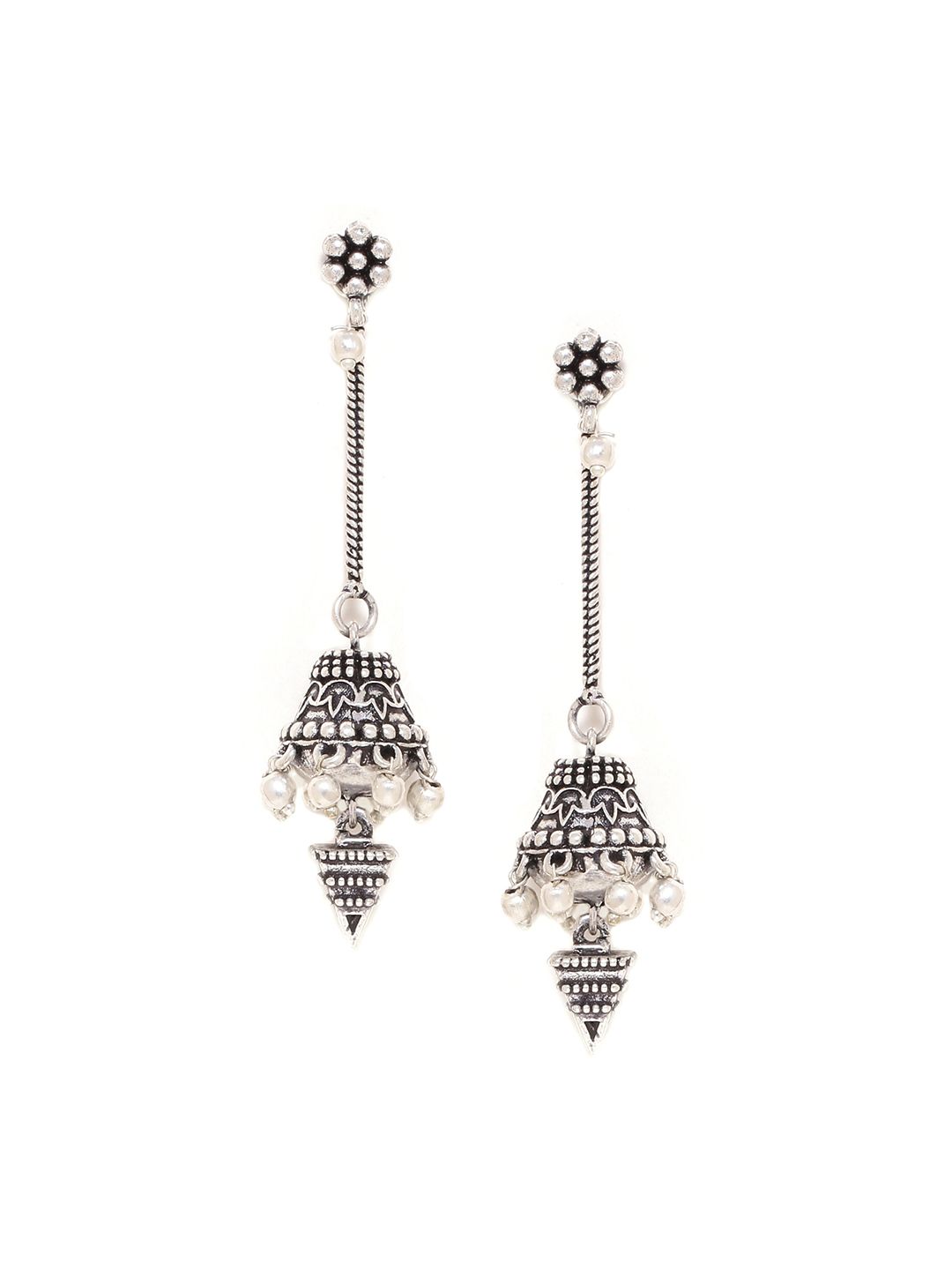 Voylla Silver-Toned & White Dome Shaped Oxidised Drop Earrings Price in India