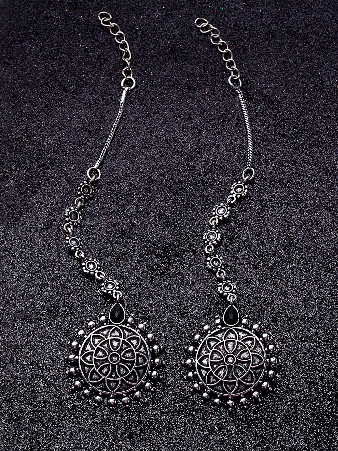 Voylla Silver-Toned Circular Oxidised Drop Earrings Price in India