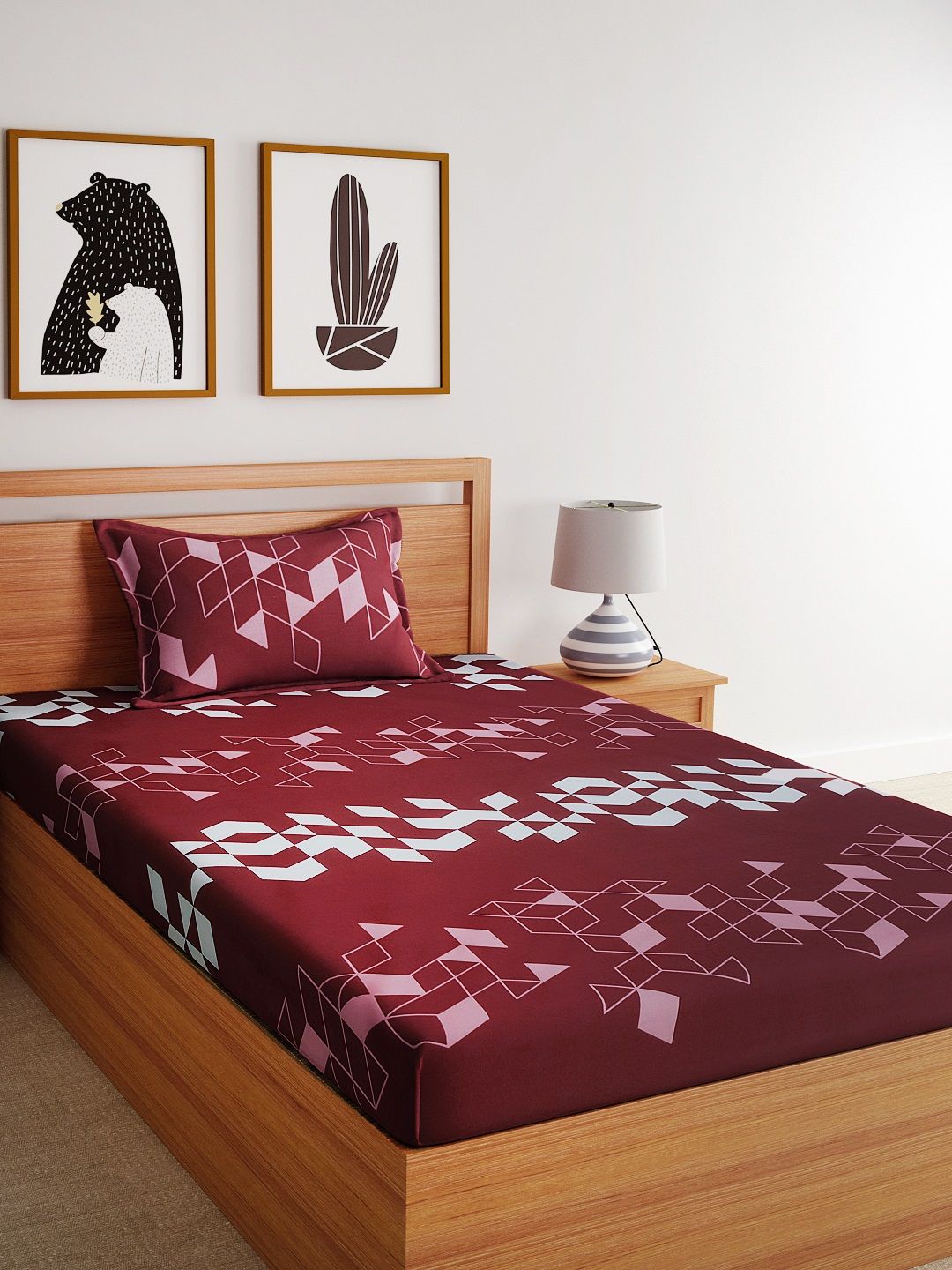 Dreamscape Maroon  Pink Geometric Flat 144 TC Cotton Single Bedsheet with 1 Pillow Cover Price in India