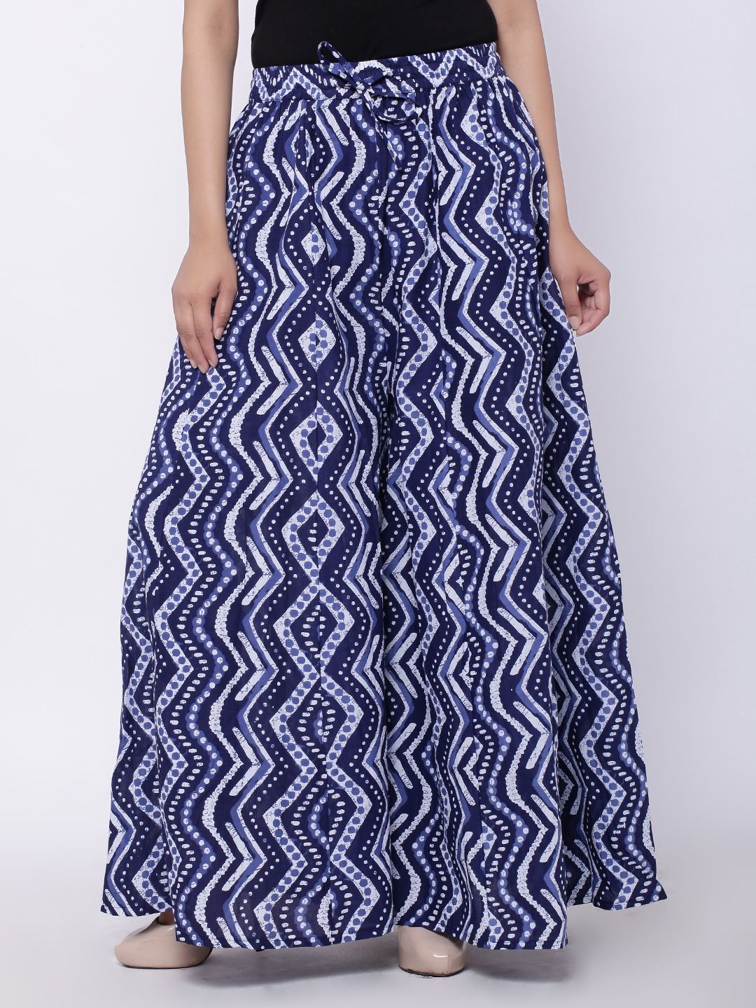 SOUNDARYA Women Navy Blue & White Printed Flared Palazzos Price in India