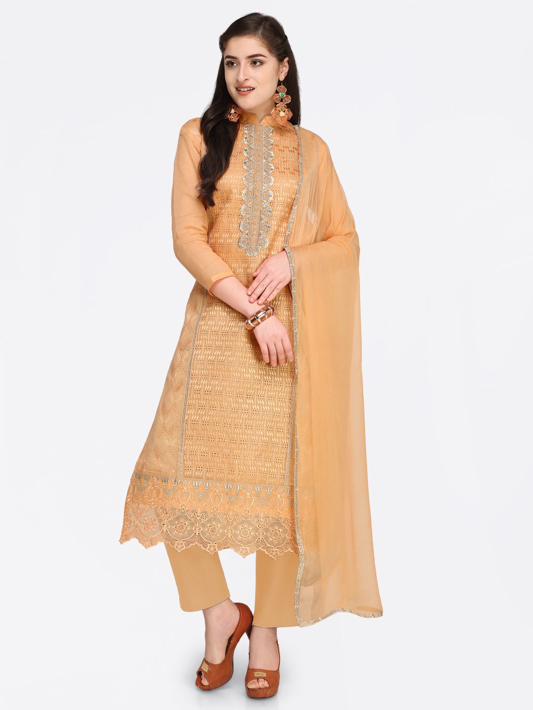 Rajnandini Brown Cotton Blend Unstitched Dress Material Price in India