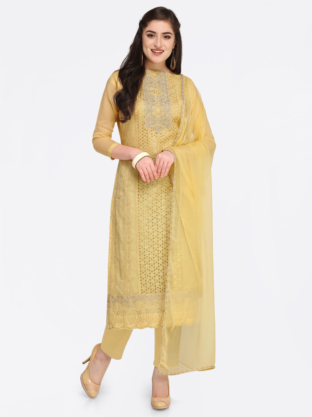 Rajnandini Yellow Cotton Blend Unstitched Dress Material Price in India