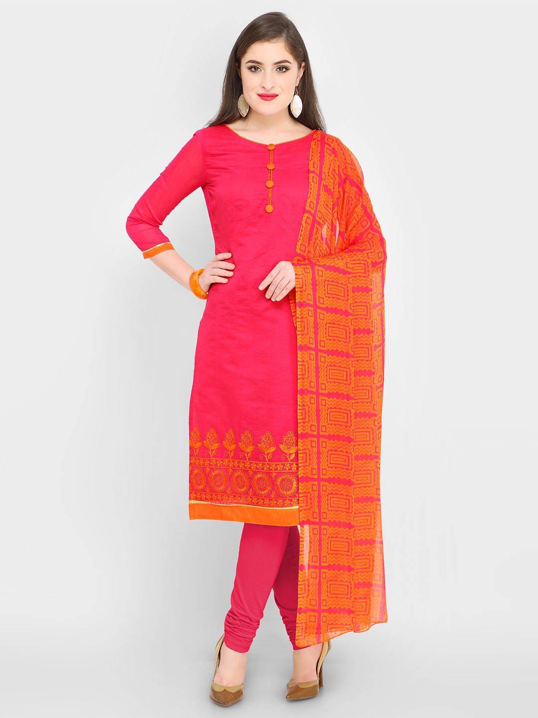 Rajnandini Pink & Orange Embroiodered Chanderi Cotton Blend Unstitched Dress Material Price in India