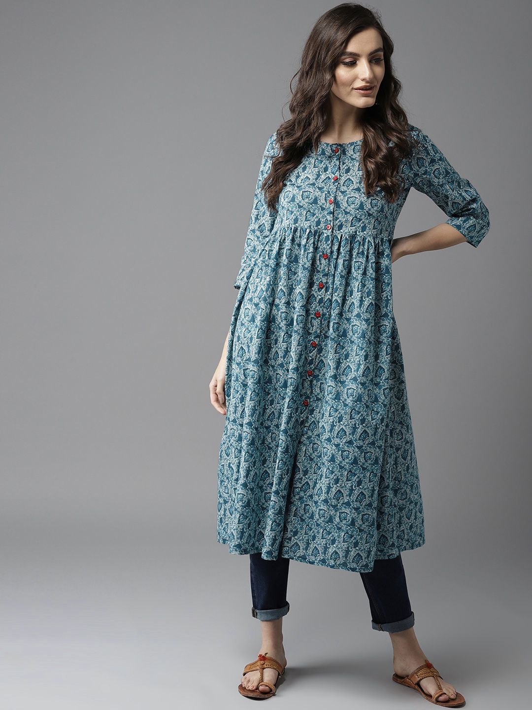 HERE&NOW Women Teal Blue & White Printed A-Line Kurta Price in India