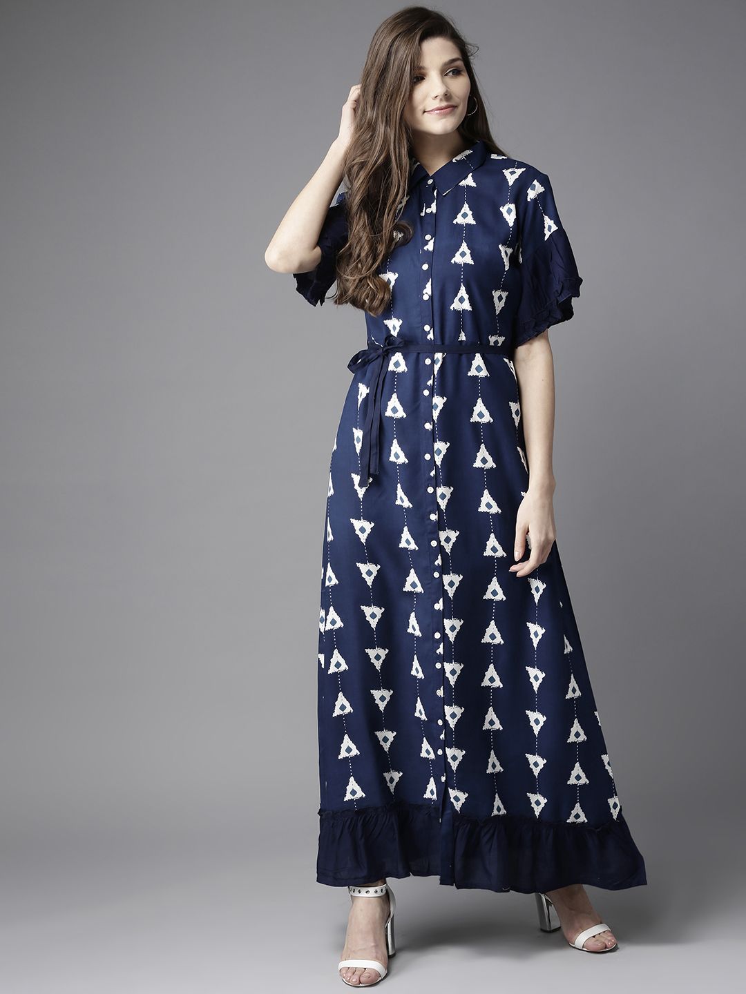 HERE&NOW Women Navy Blue & White Printed Maxi Shirt Dress