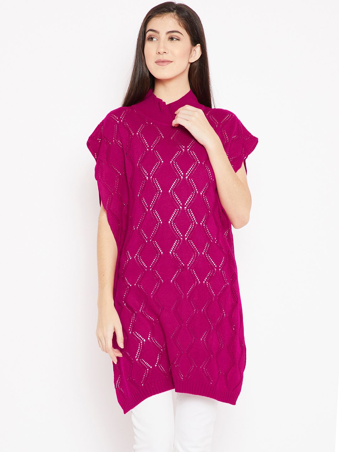 Cayman Women Magenta Open Knit Woollen Longline Sweater Price in India