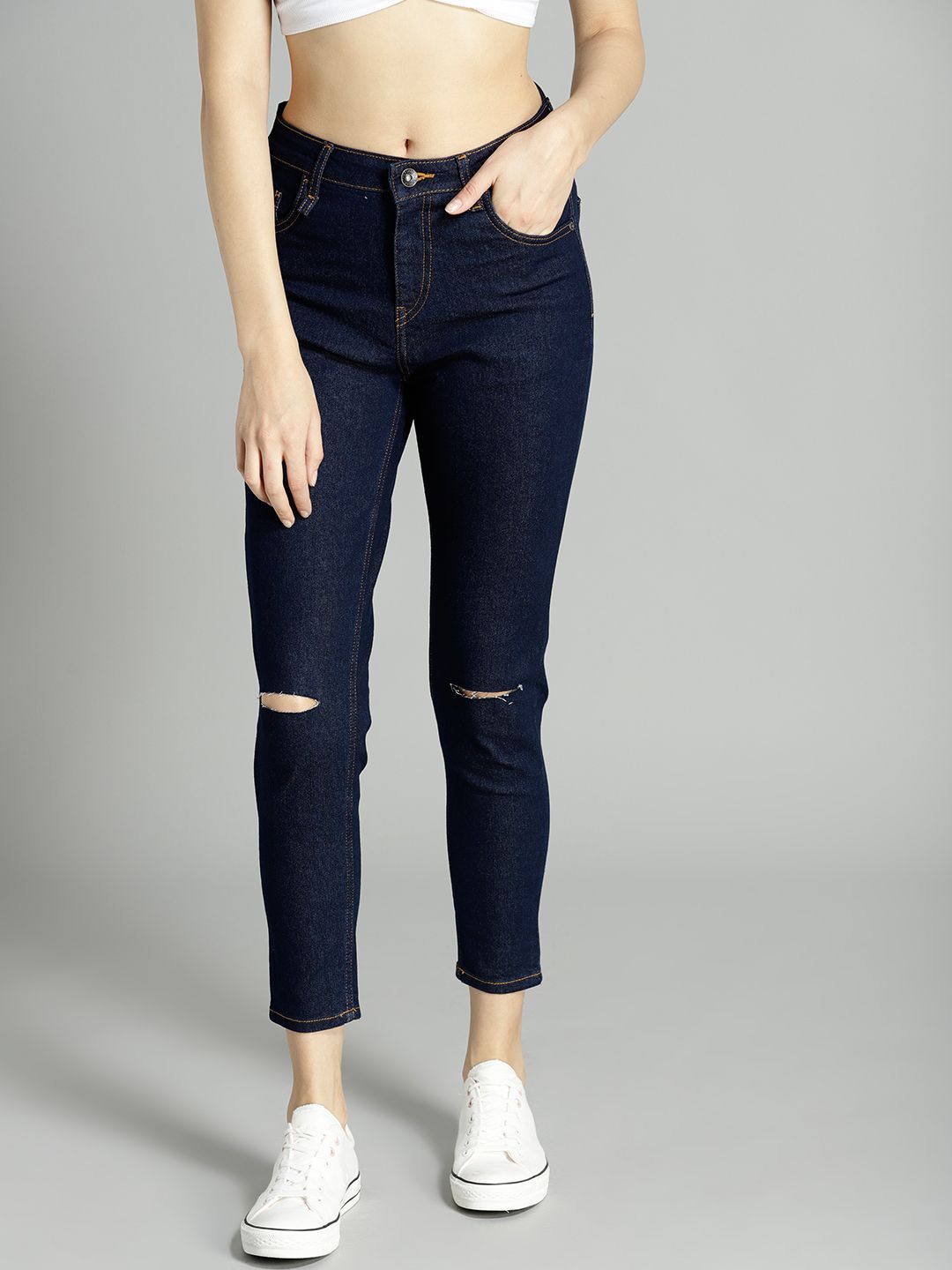 Roadster Navy Skinny High-Rise Slash Knee Stretchable Cropped Jeans Price in India