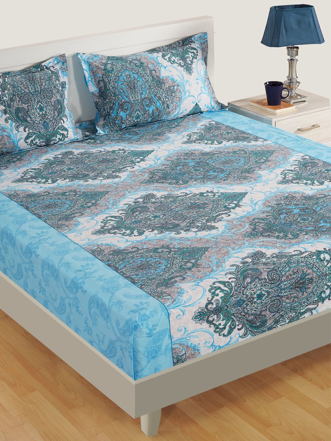 SWAYAM Teal & White Ethnic Motifs Flat 160 TC Cotton 1 King Bedsheet with 2 Pillow Covers Price in India