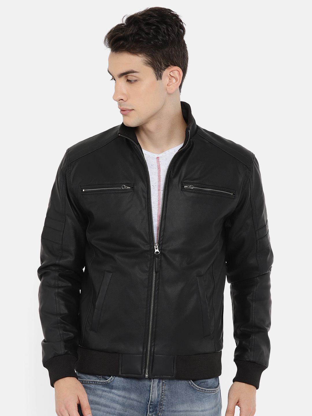 Wrangler Men Black Solid Biker Jacket