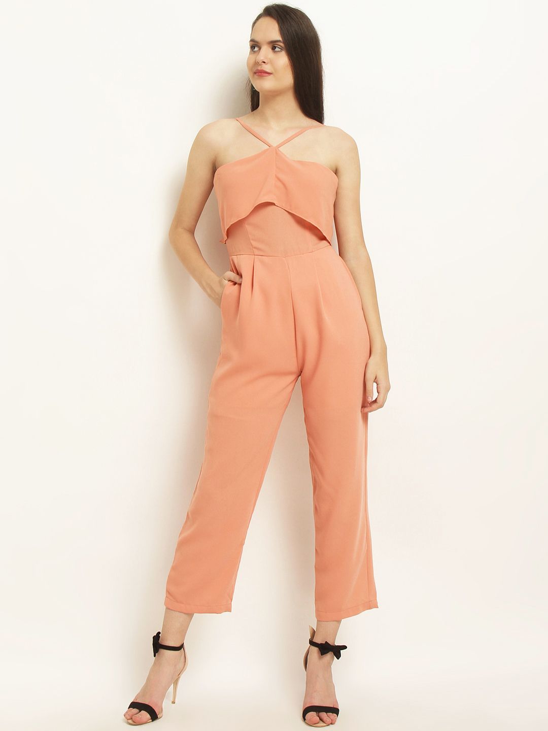 Marie Claire Peach-Coloured Solid Basic Jumpsuit Price in India
