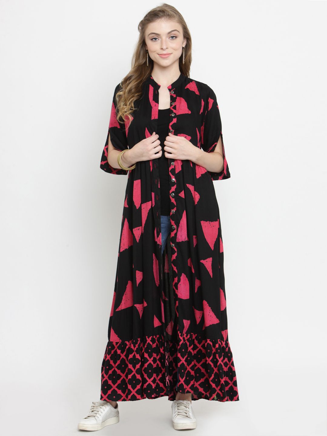 Indibelle Black & Pink Printed Button Shrug Price in India