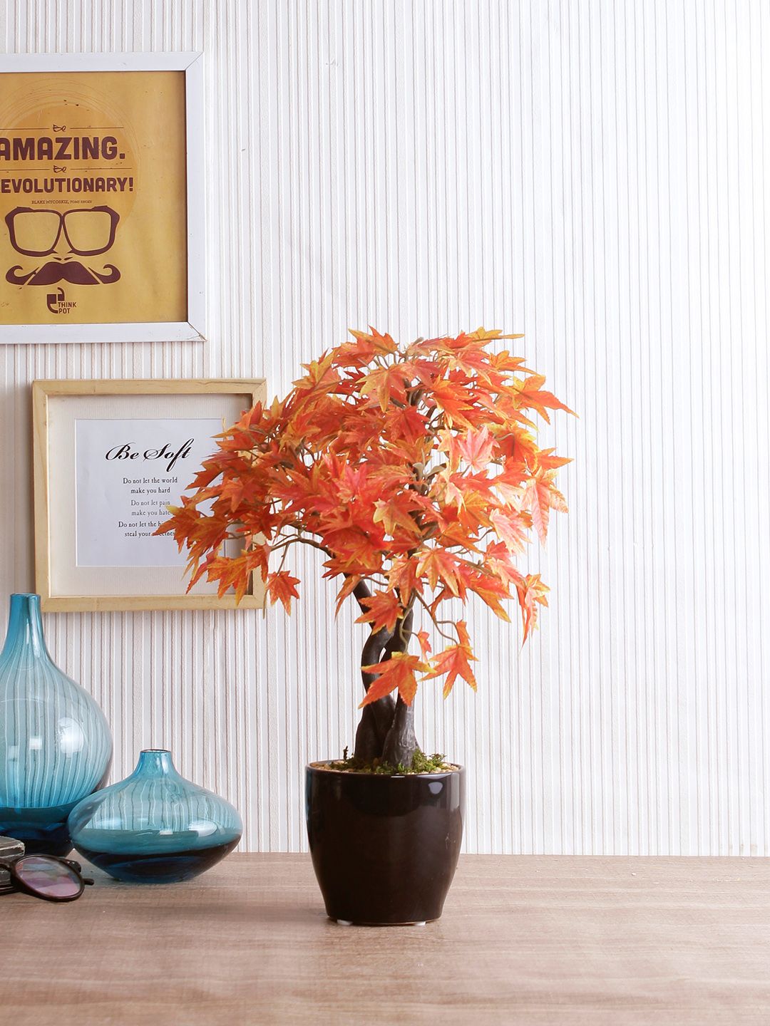 Fourwalls Orange Artificial Japanese Maple Plant & Ceramic Vase Price in India