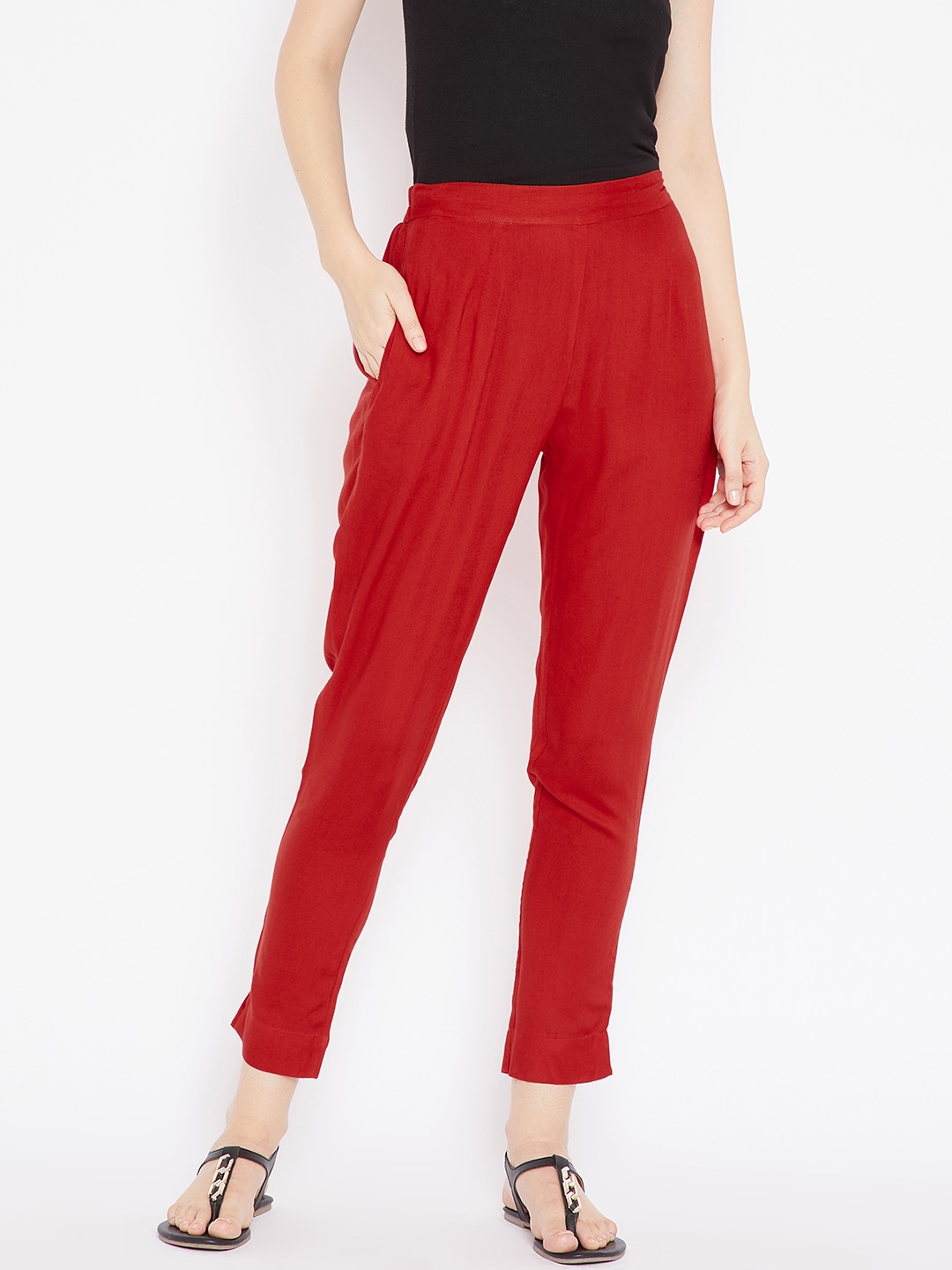 Aujjessa Women Red Regular Fit Solid Cropped Peg Trousers Price in India