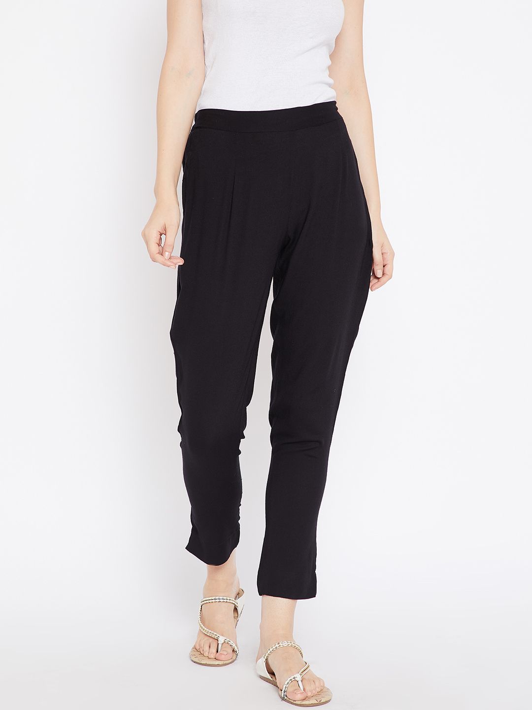 Aujjessa Women Black Regular Fit Solid Cropped Peg Trousers Price in India