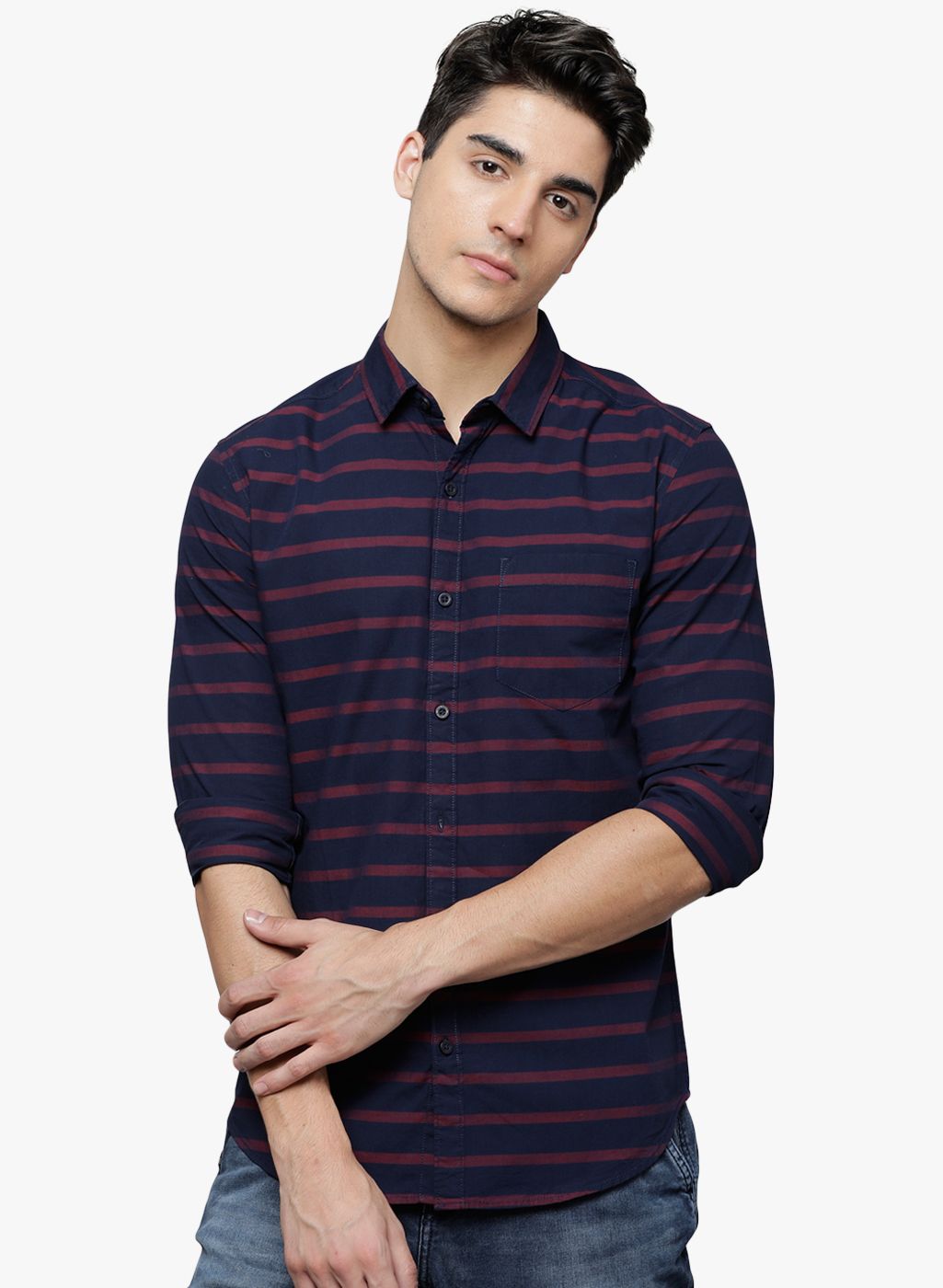 HIGHLANDER Navy Blue Striped Slim Fit Casual Shirt