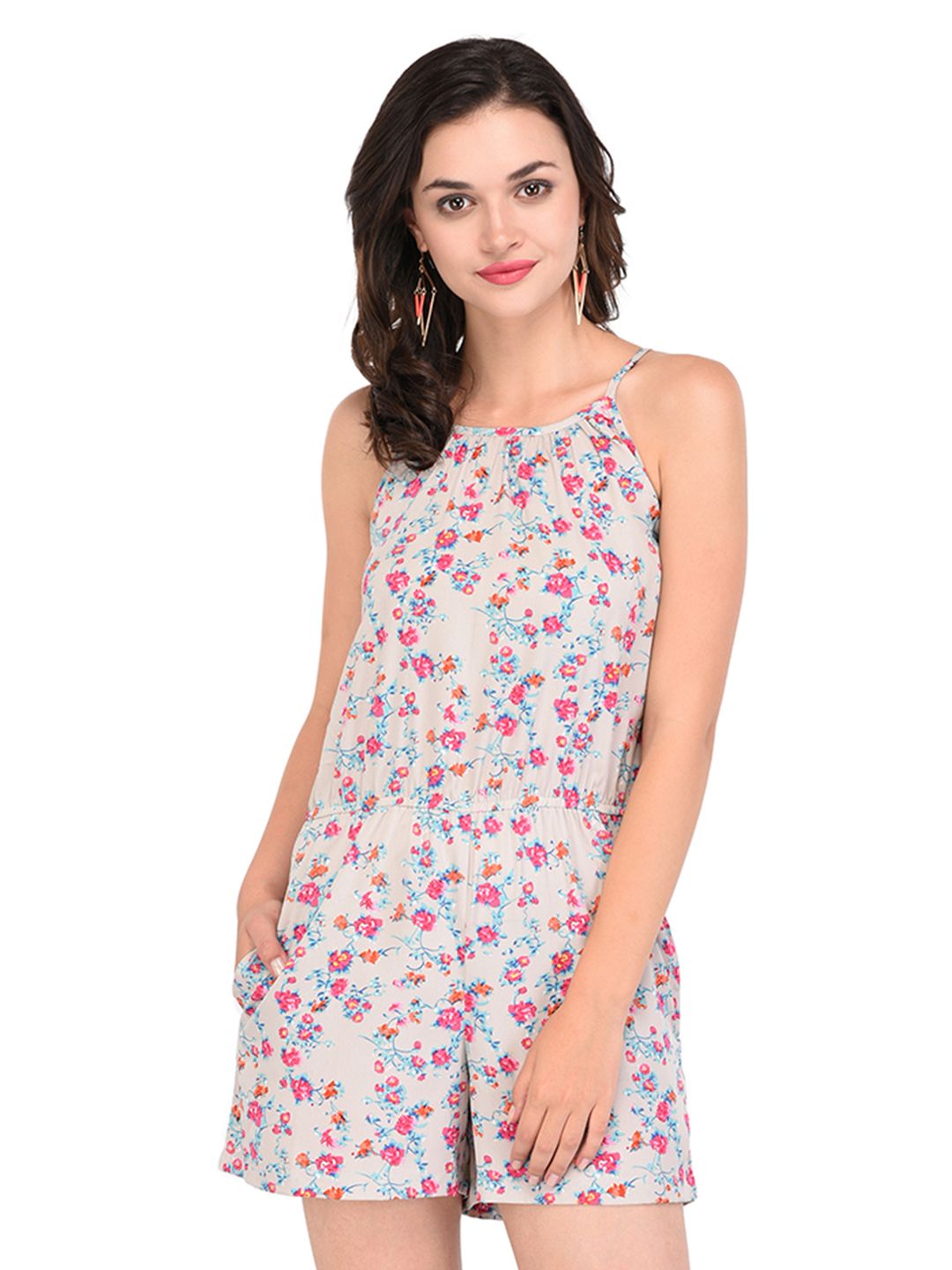 PURYS Grey & Pink Printed Playsuit