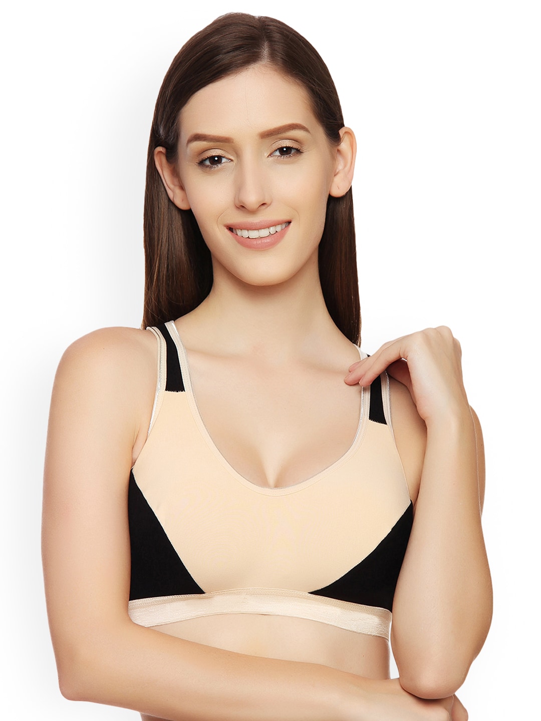 Innocence Beige & Black Solid Non-Wired Non Padded Sports Bra Price in India