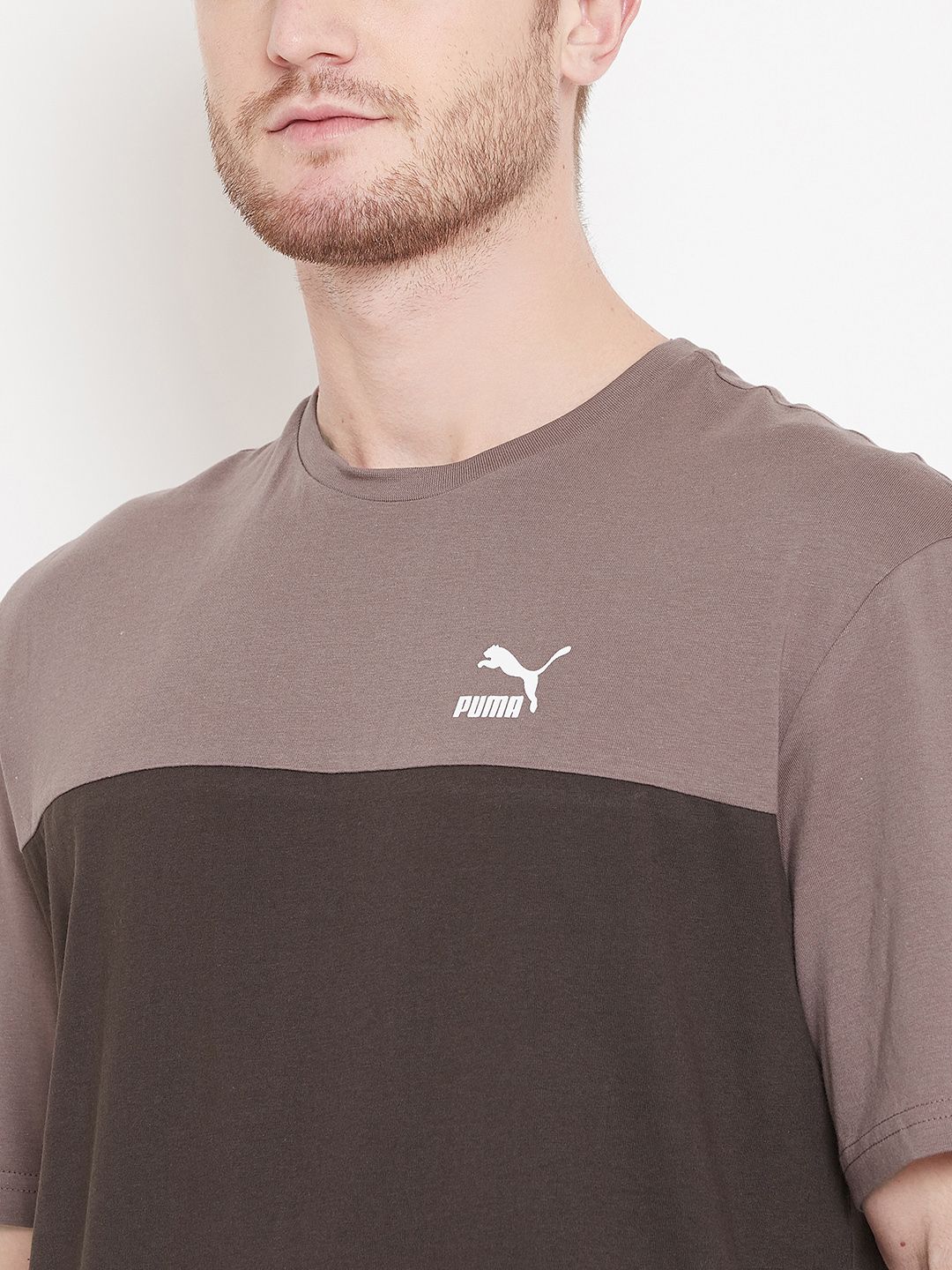 Buy Puma Men Coffee Brown Taupe Retro Colourblocked Pure Cotton T