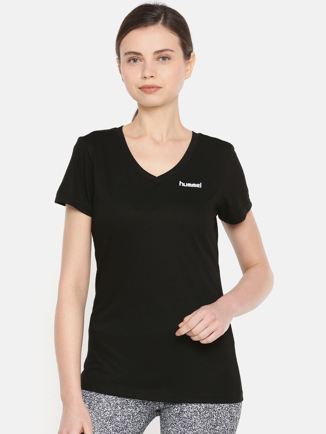 hummel Women Black Solid V-Neck ANGEN T-shirt Price in India