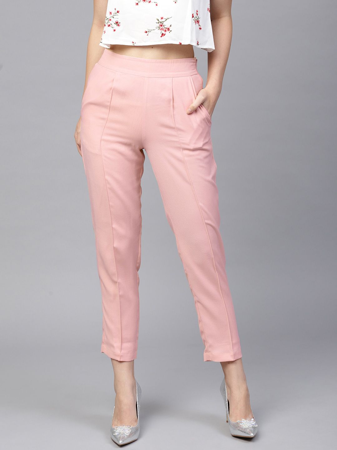 SASSAFRAS Women Pink Regular Fit Solid Cigarette Trousers Price in India