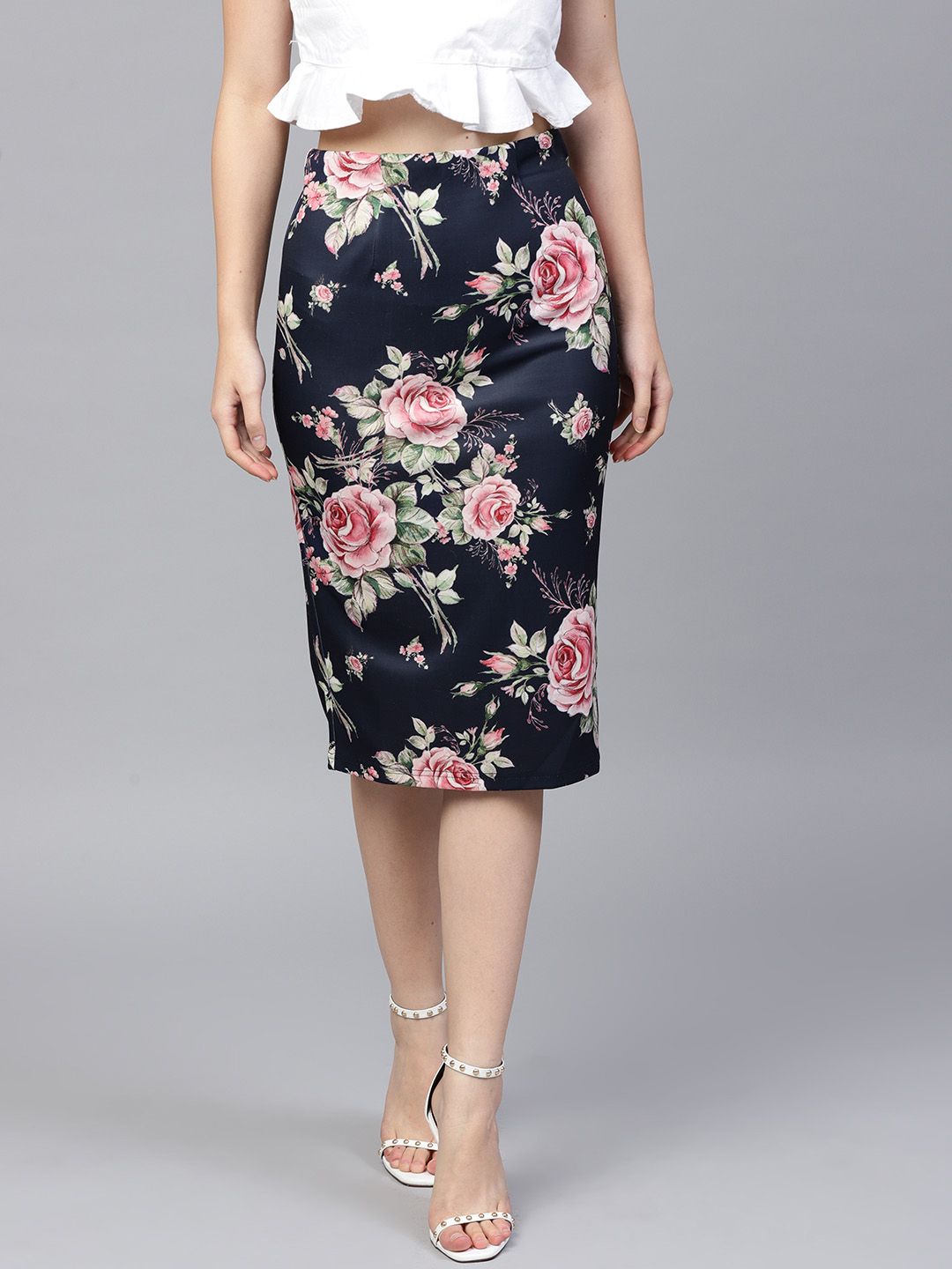 SASSAFRAS Navy Blue & Pink Printed Pencil Skirt Price in India