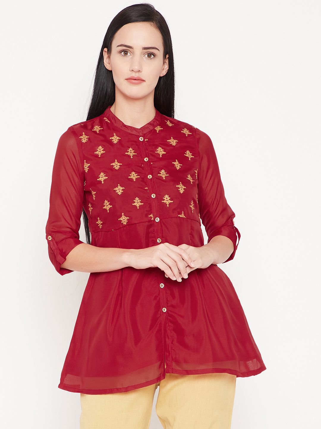 Rangriti Women Red Solid A-Line Top with Printed Detail