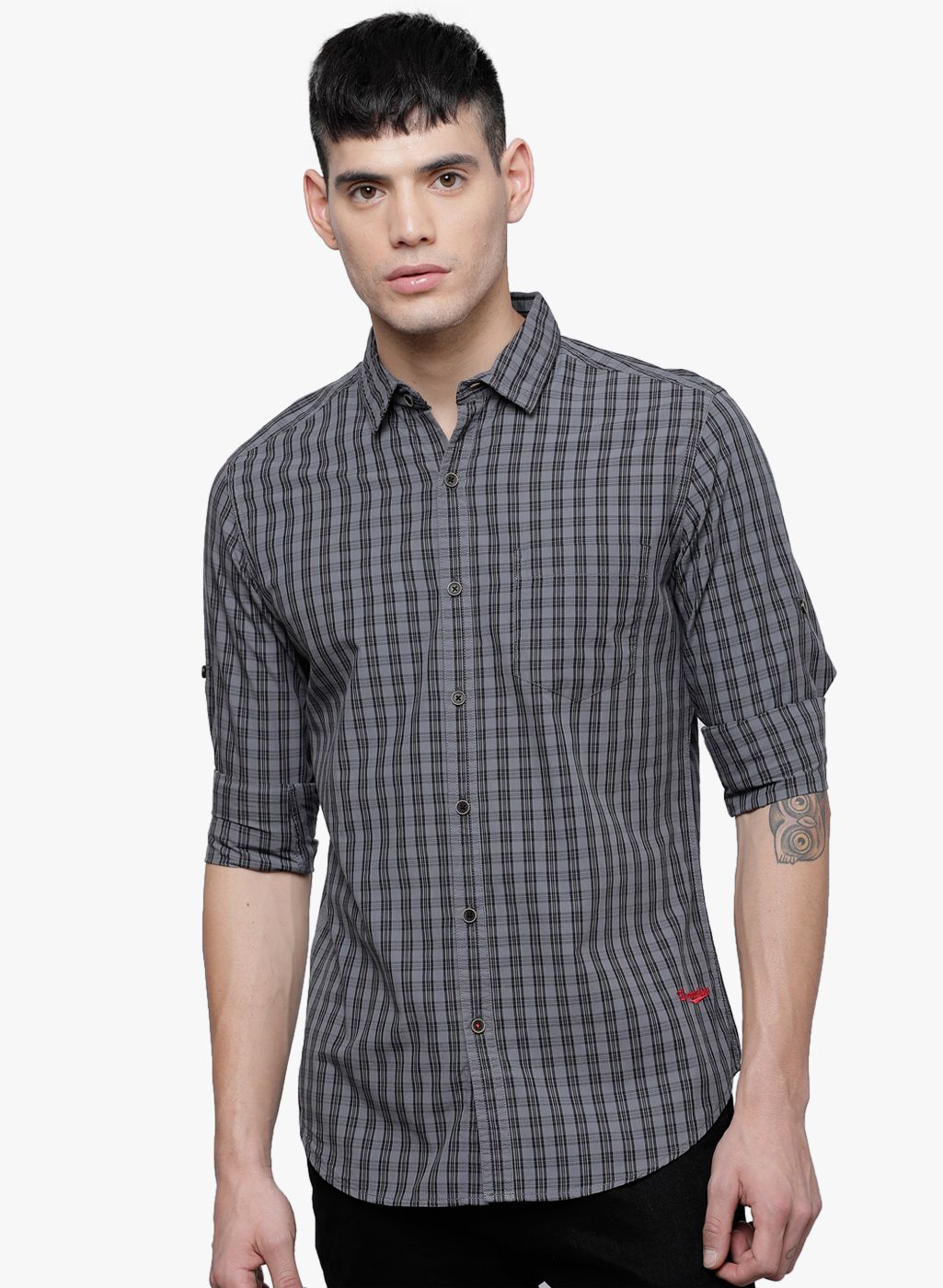 LOCOMOTIVE Grey Checked Slim Fit Casual Shirt
