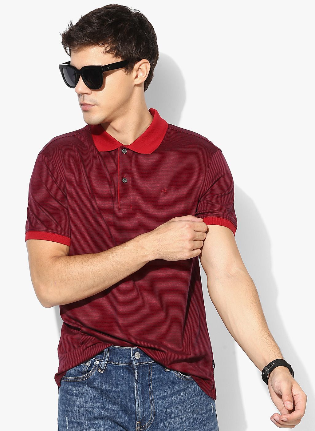 Calvin Klein Maroon Striped Slim Fit Polo T-Shirt
