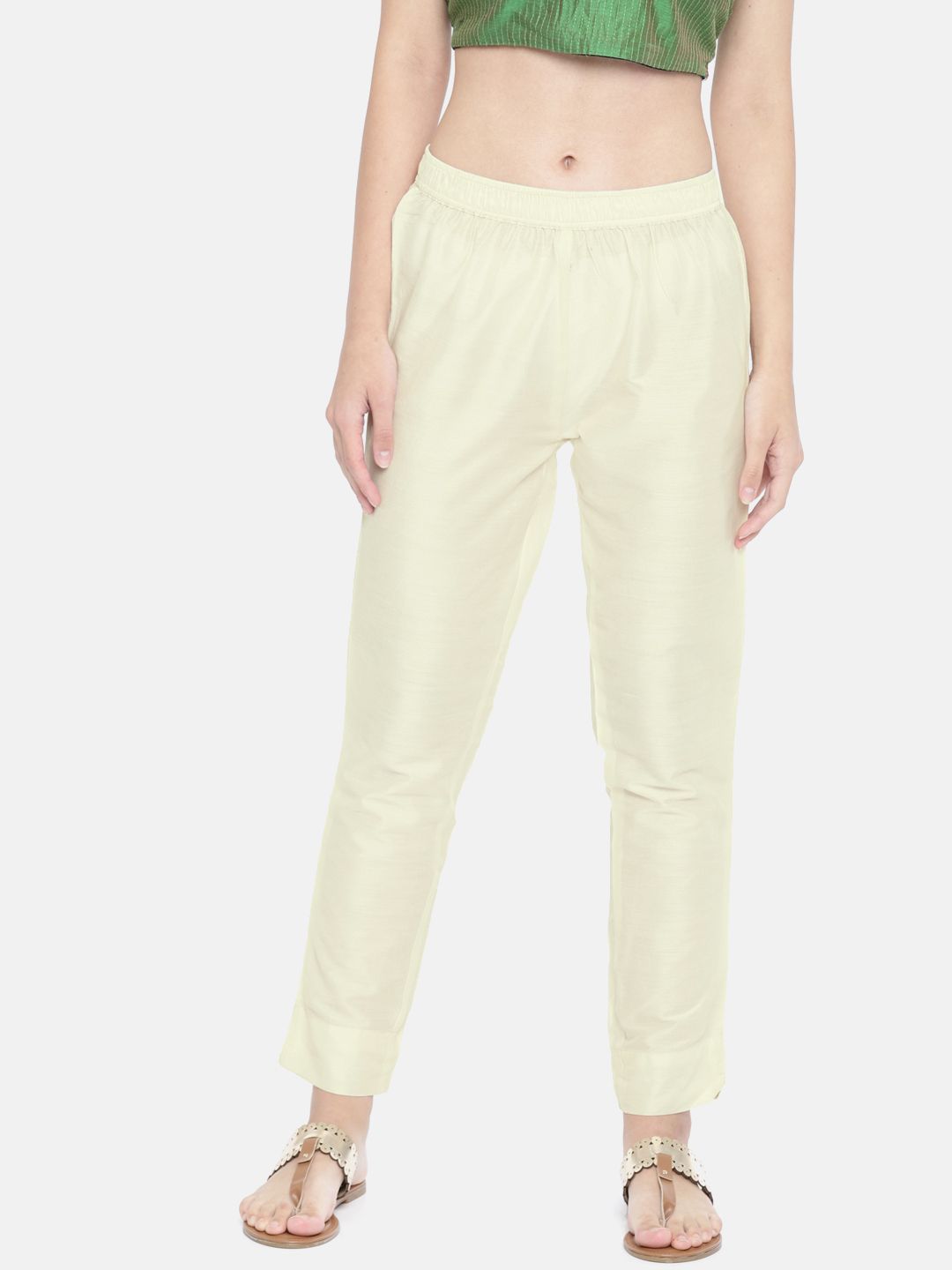 Go Colors Women Cream-Coloured Tapered Fit Solid Regular Trousers Price in India