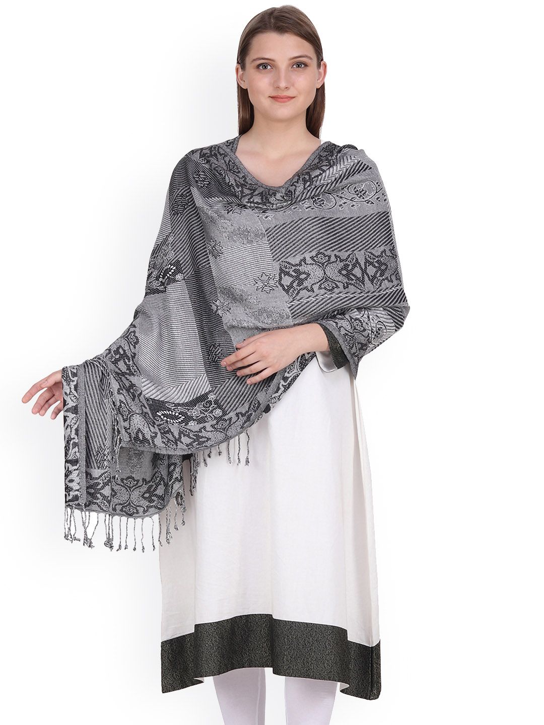 Anekaant Women Black & Off White Woven Design Jacquard Shawl Price in India
