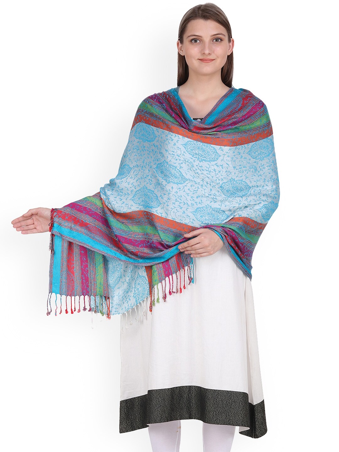 Anekaant Women Blue & Pink Woven Design Jacquard Shawl Price in India