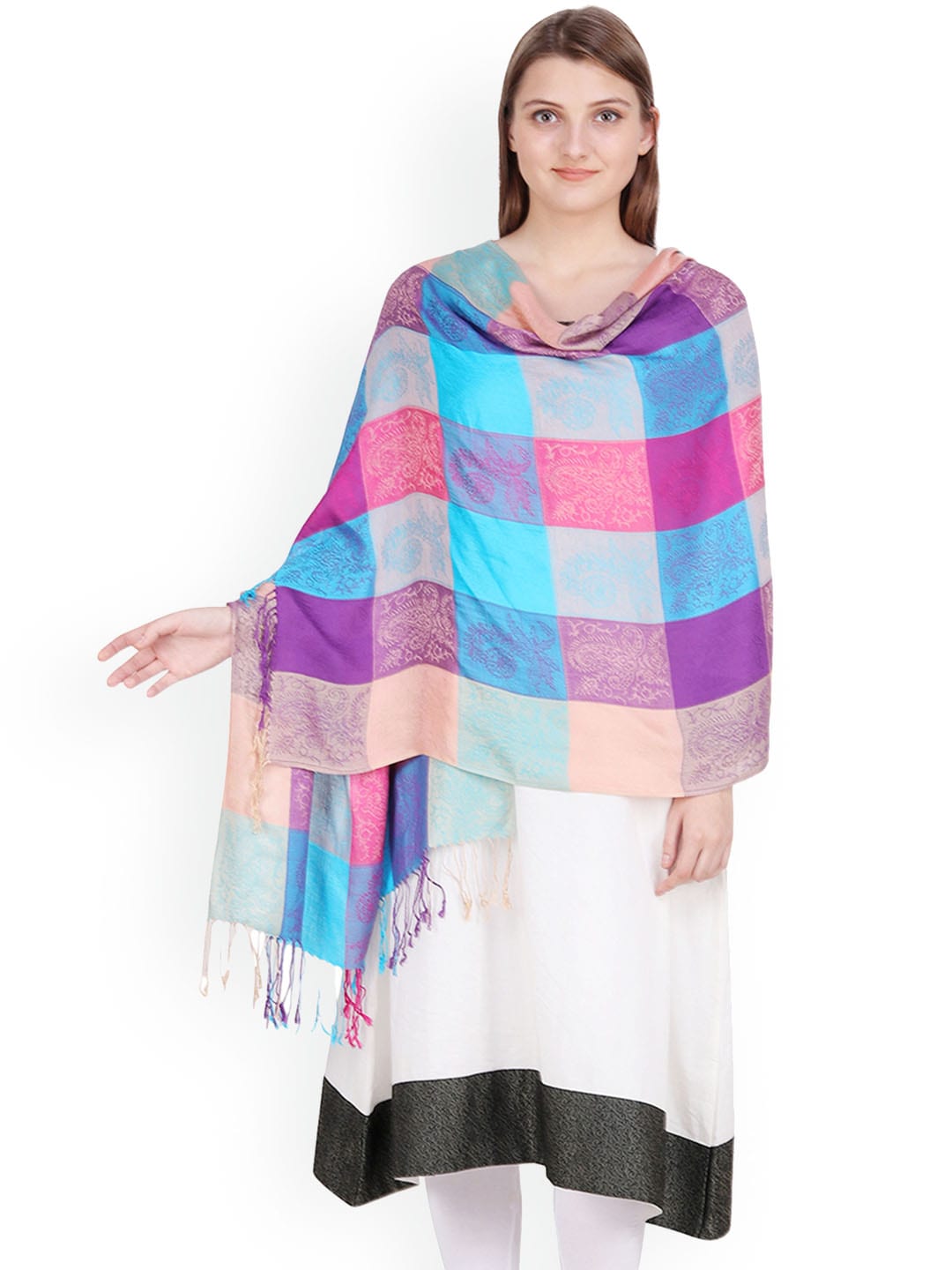 Anekaant Women Multicoloured Checked Reversible Shawl Price in India