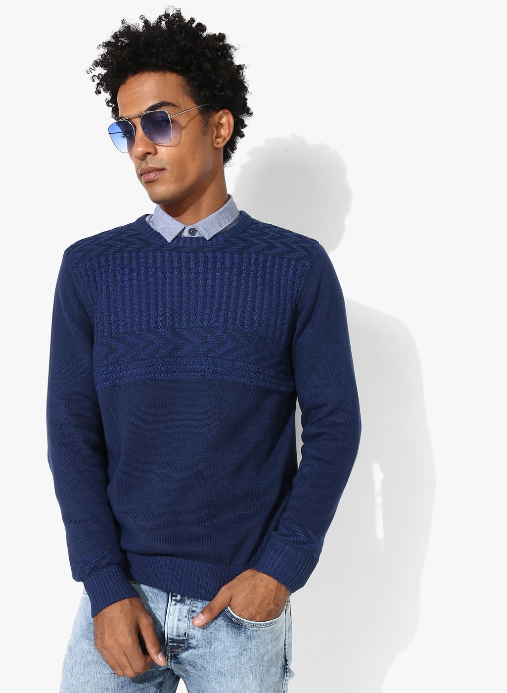 Wrangler Navy Blue Self Design Round Neck Sweater