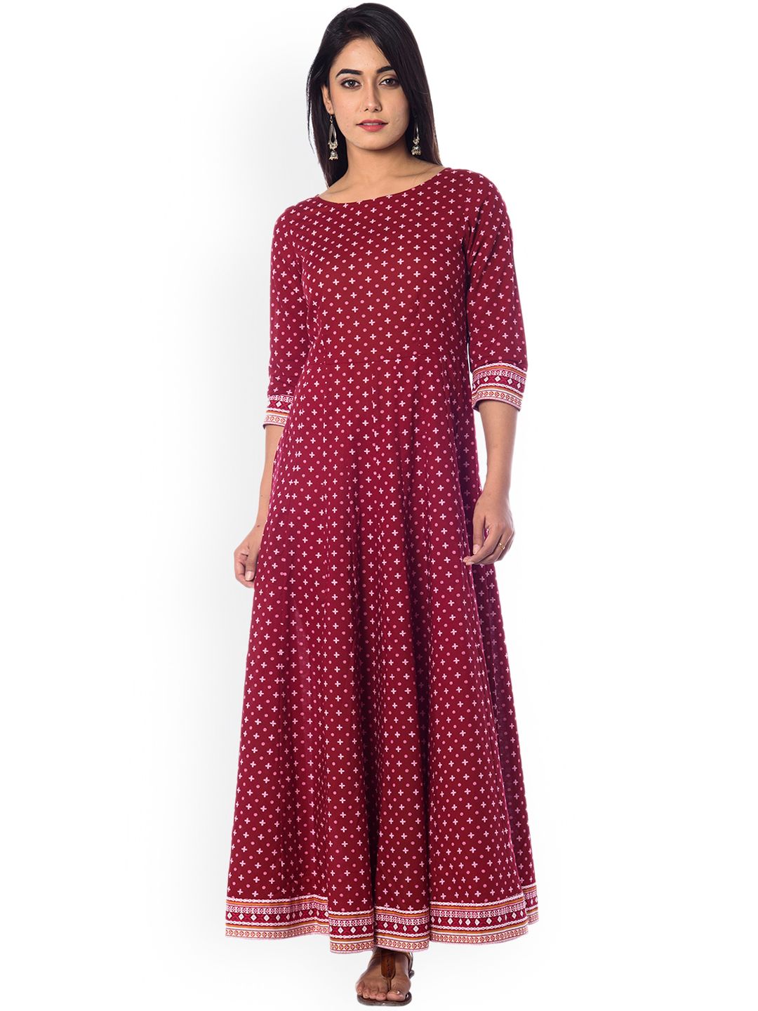 anayna Women Maroon Printed Maxi Dress Price in India