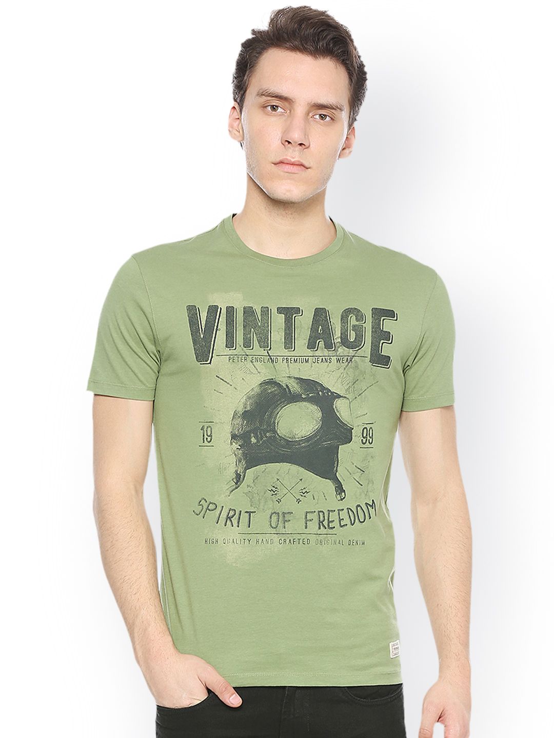 Peter England Casuals Men Olive Green Printed Round Neck T-shirt Peter England Casuals Men Olive Green Printed Round Neck T-shirt