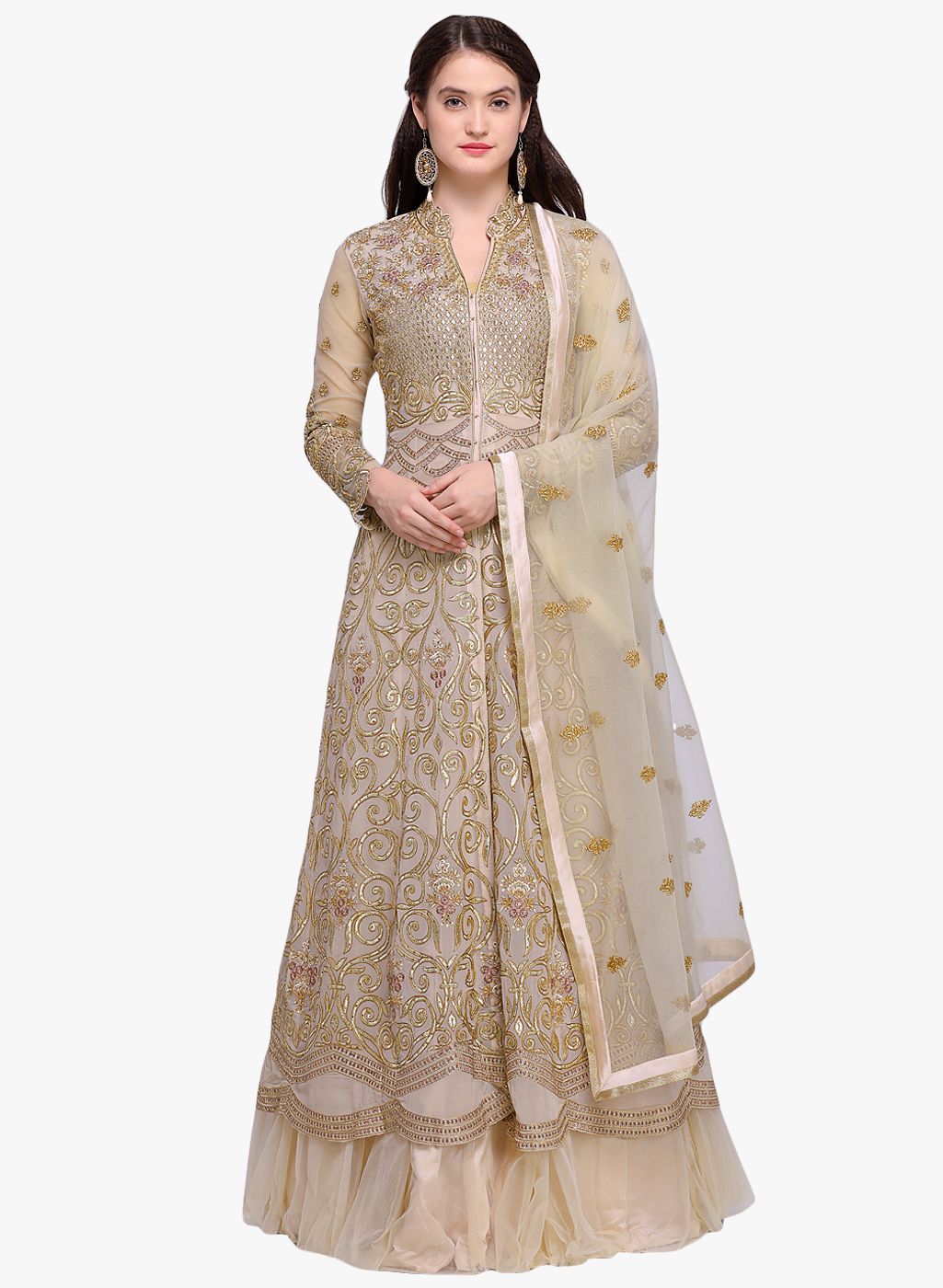 Stylee LIFESTYLE Beige Embroidered Dress Material