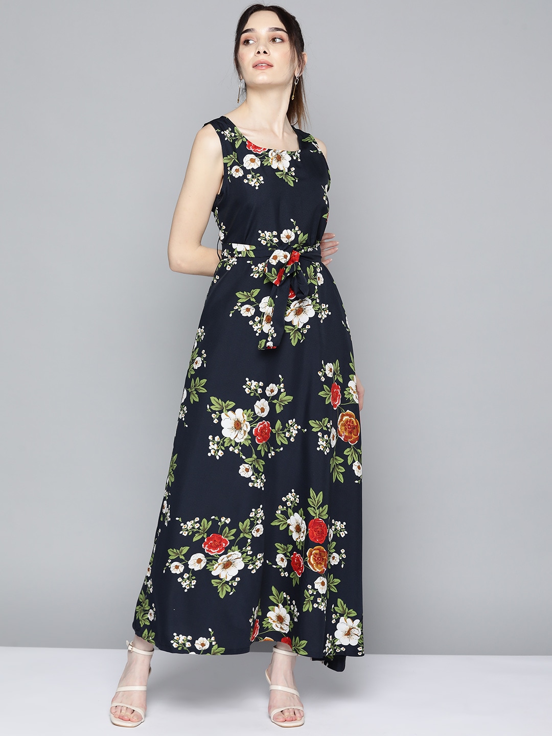 Tokyo Talkies Navy Blue & Red Floral Print Maxi Dress with Belt Price in India