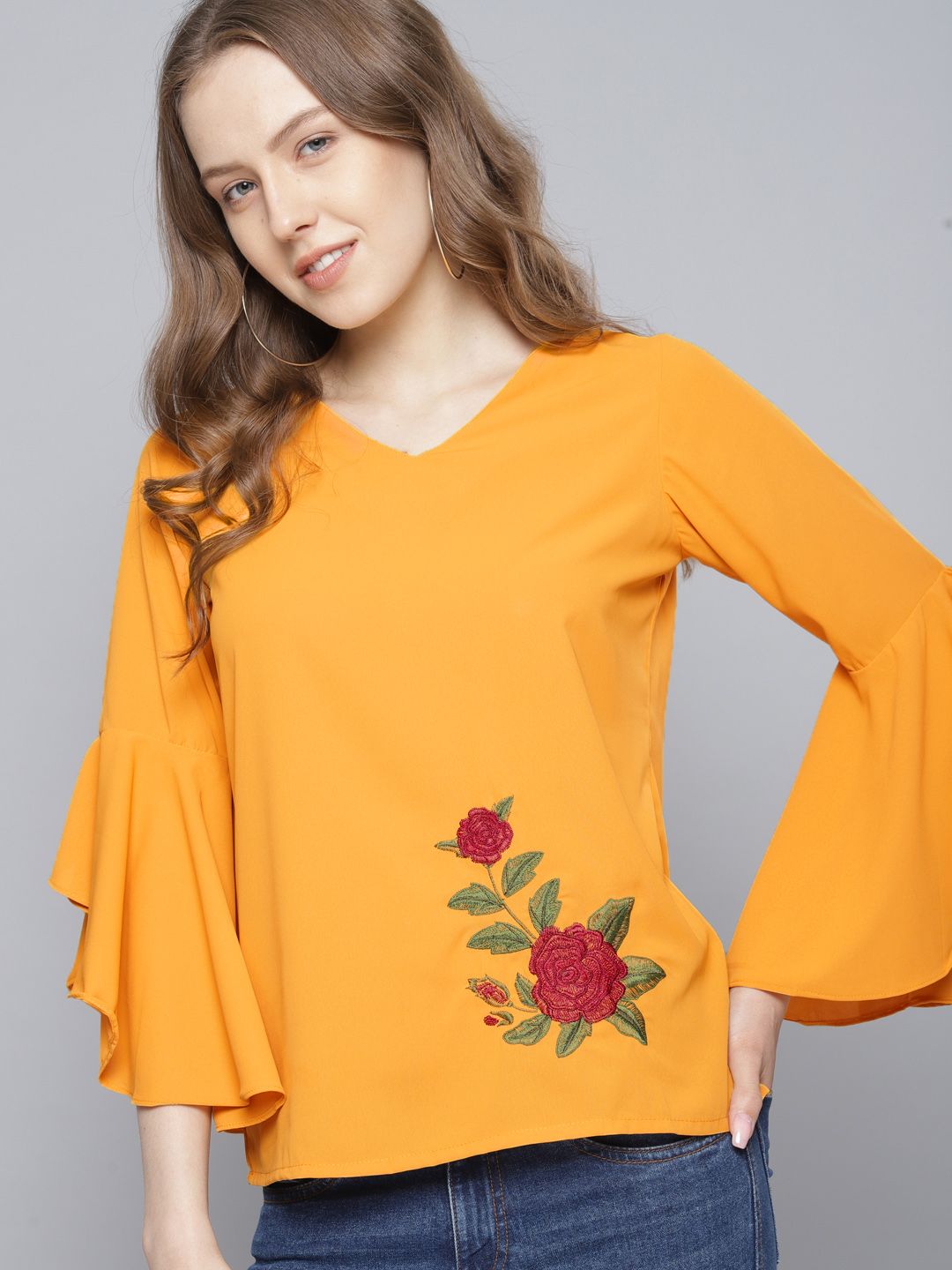 Tokyo Talkies Women Mustard Solid Top with Embroidered Detail Price in India