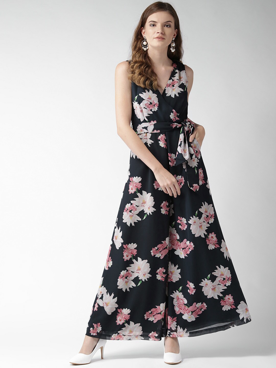 QUIERO Women Navy Blue & Pink Floral Printed Flared Jumpsuit Price in India