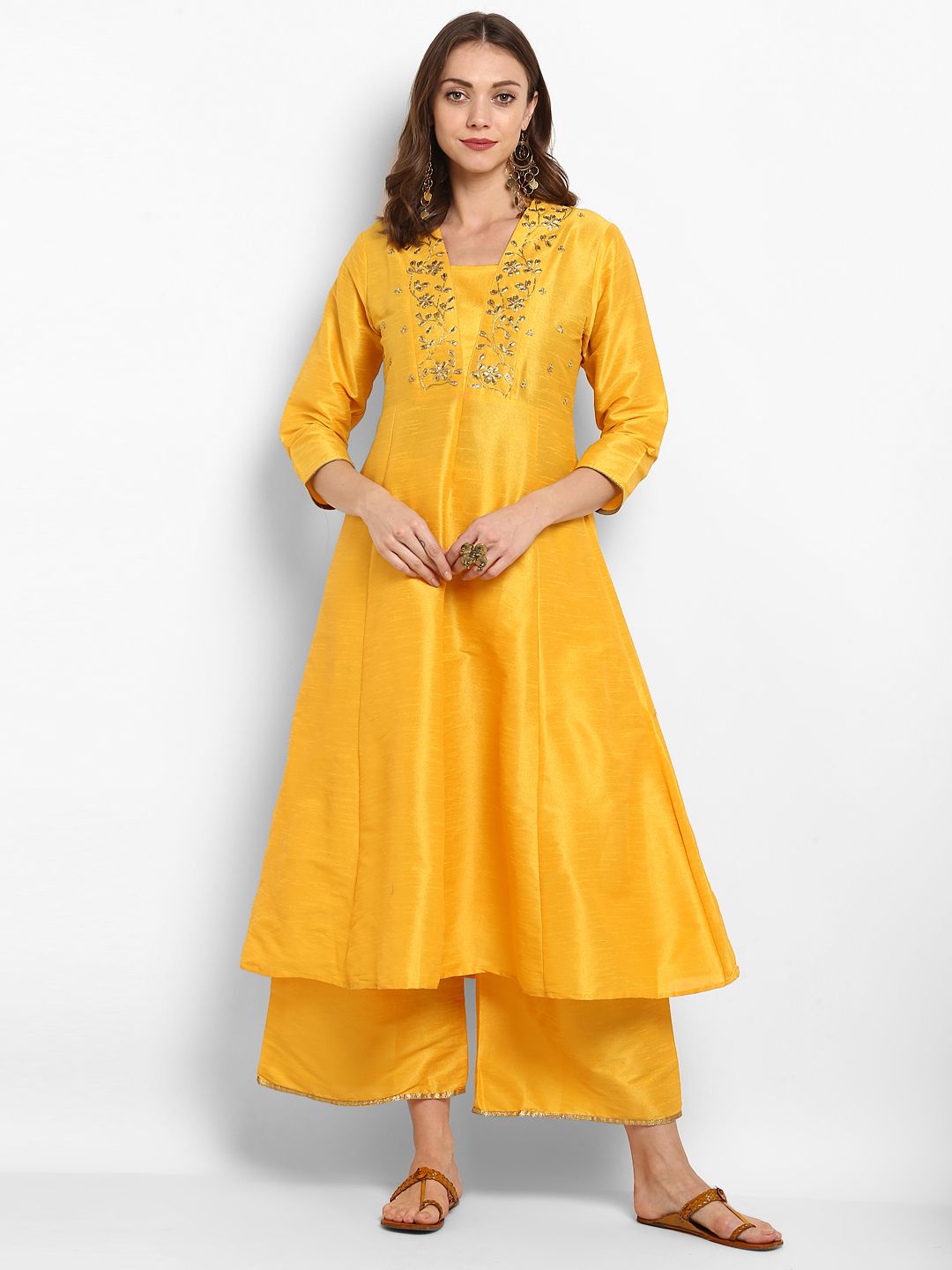 Bhama Couture Women Yellow Embroidered Kurta with Palazzos Price in India