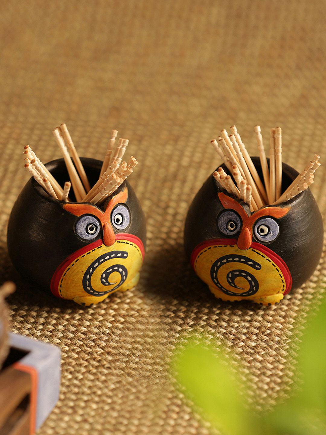 ExclusiveLane Black & Yellow Hand-Painted Set of 2 Owl-Shaped Toothpick Holders Price in India
