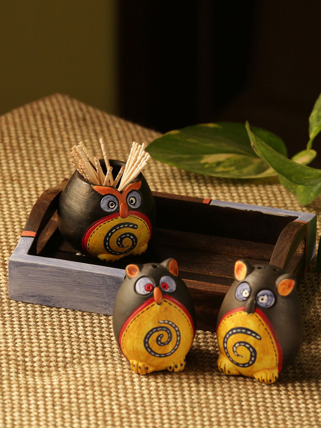 ExclusiveLane Brown Terracotta Salt Pepper Shaker & Toothpick Holder with Wooden Tray Price in India