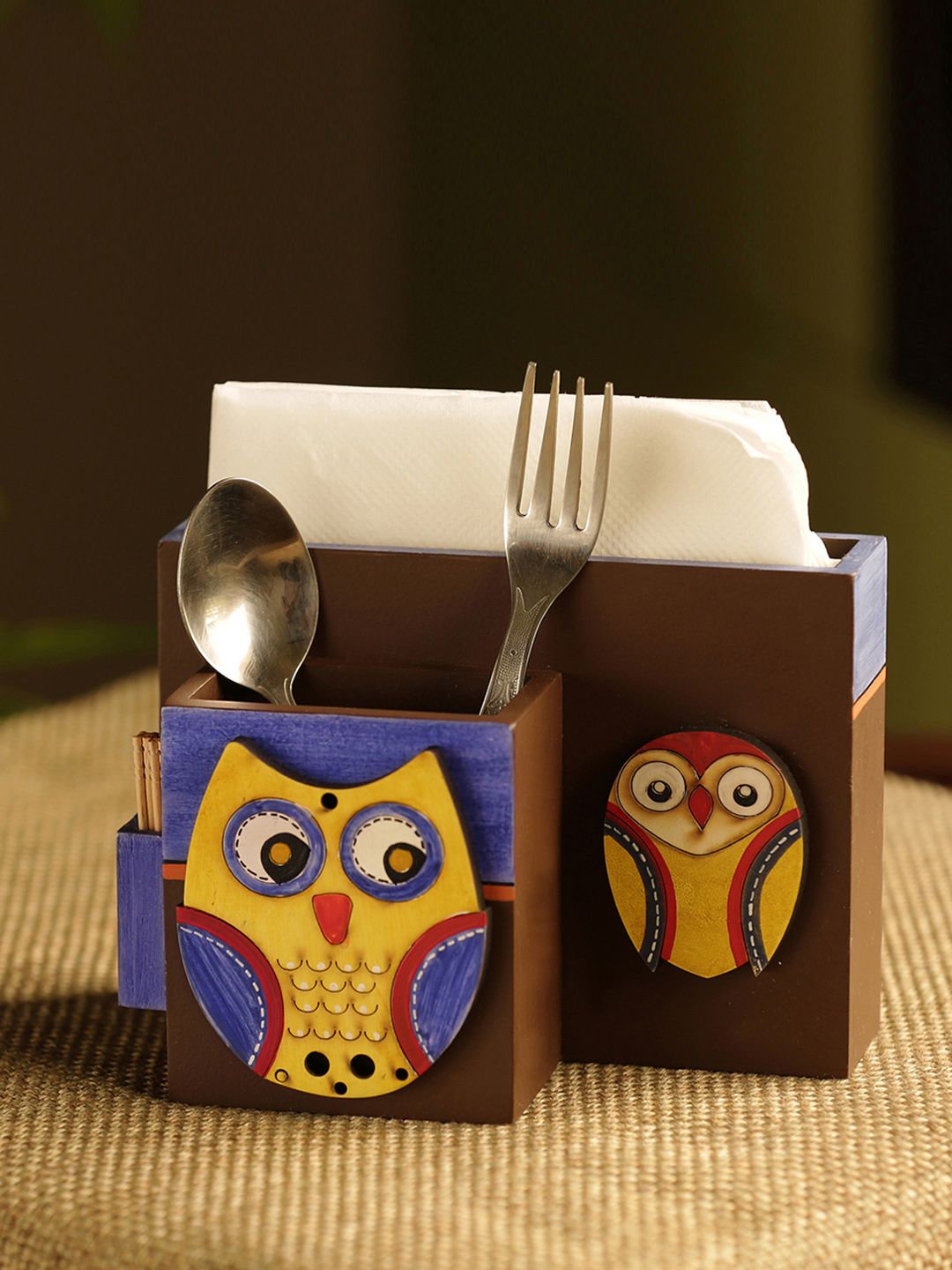 ExclusiveLane Brown Blue Owl-Shaped Handcrafted Wooden Cutlery Holder Price in India