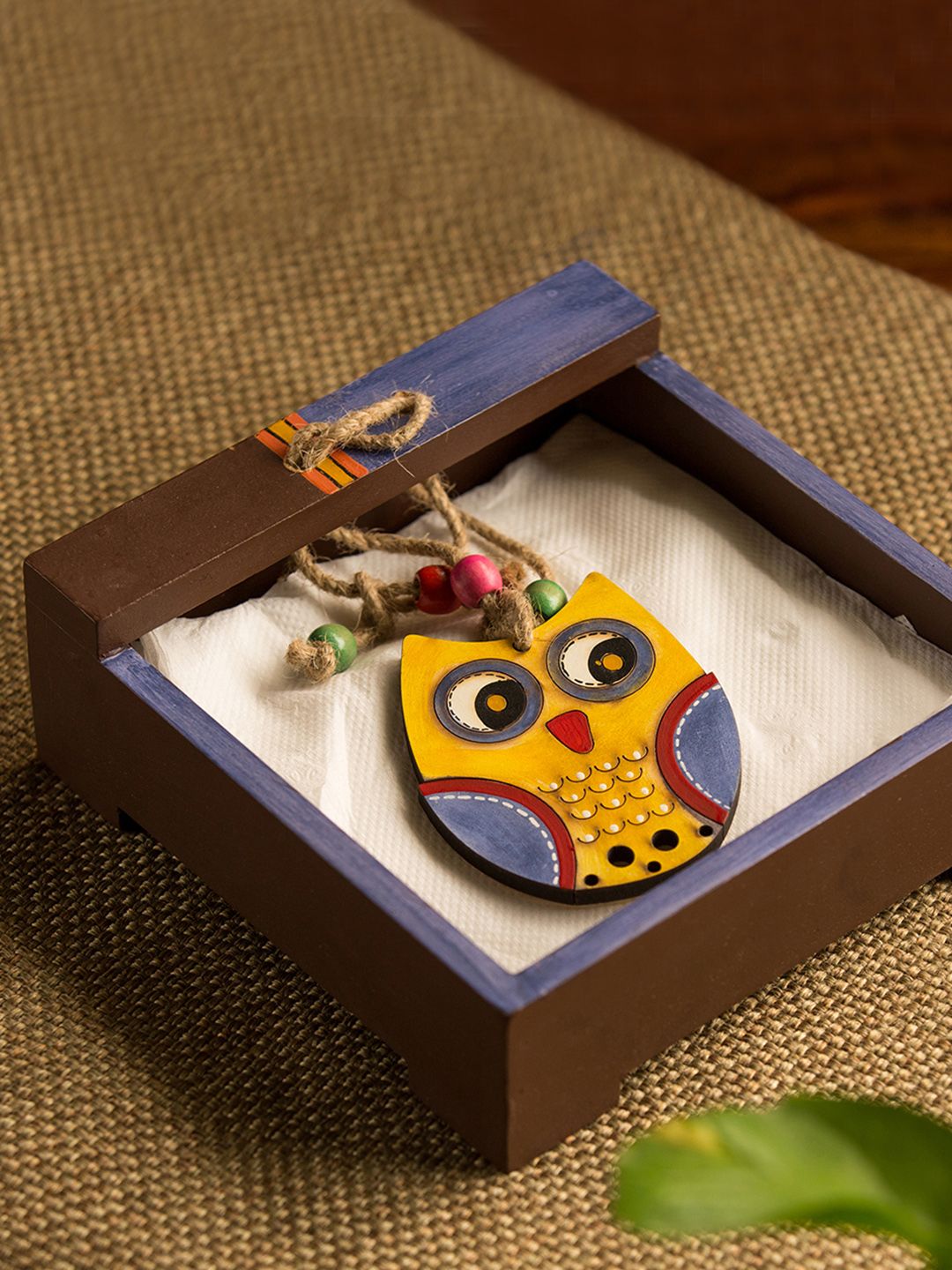 ExclusiveLane Brown & Yellow Hand-Painted Wooden Tissue & Napkin Holder Price in India