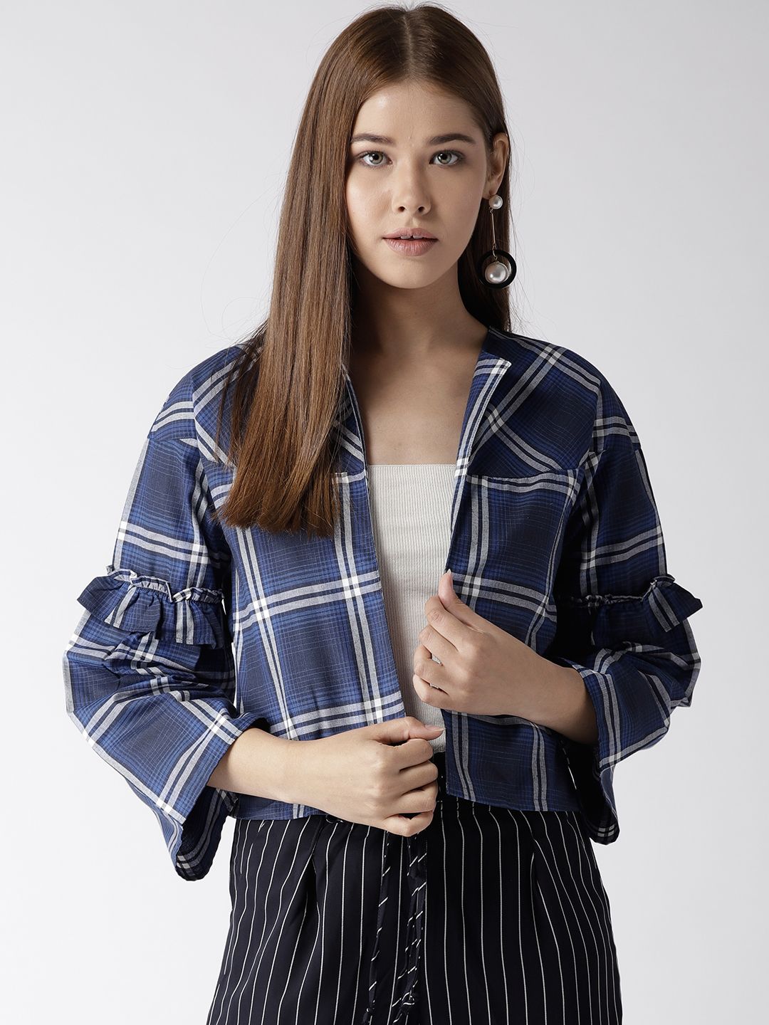 Style Quotient by Noi Navy & White Checked Crop Open Front Shrug Price in India