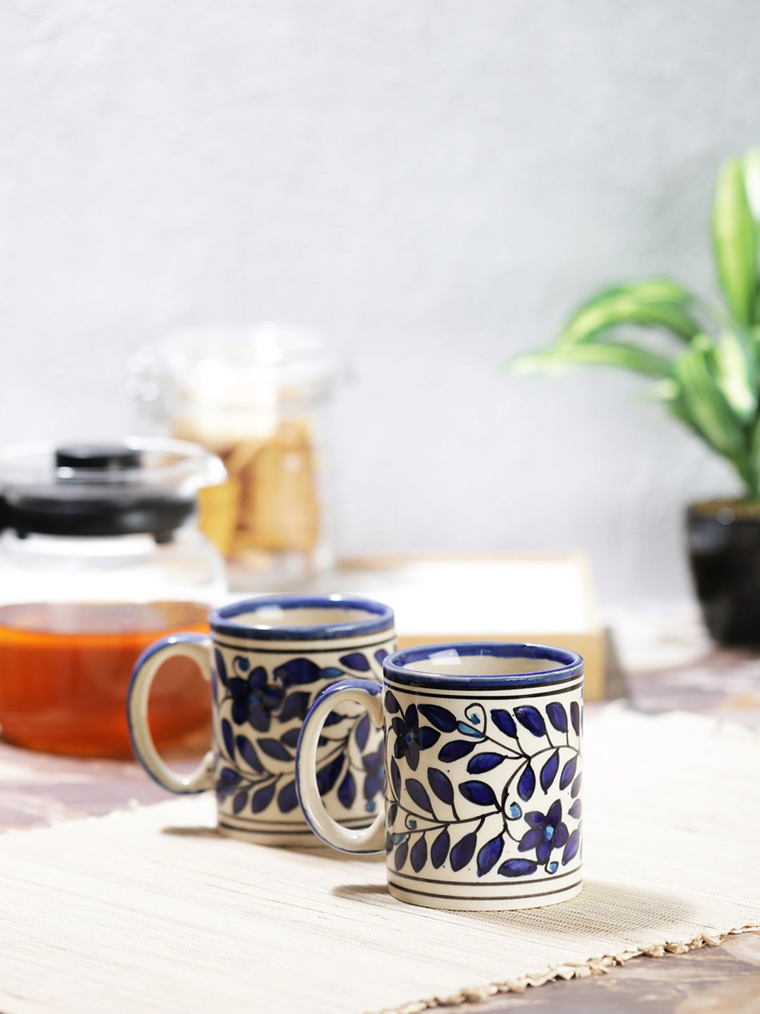 VarEesha White & Blue Set of 2 Ceramic Milk/ Coffee Mugs Price in India