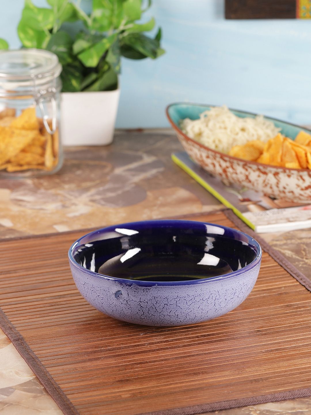 VarEesha Blue Hand-Painted Studio 8 inch Ceramic Serving Bowl Price in India