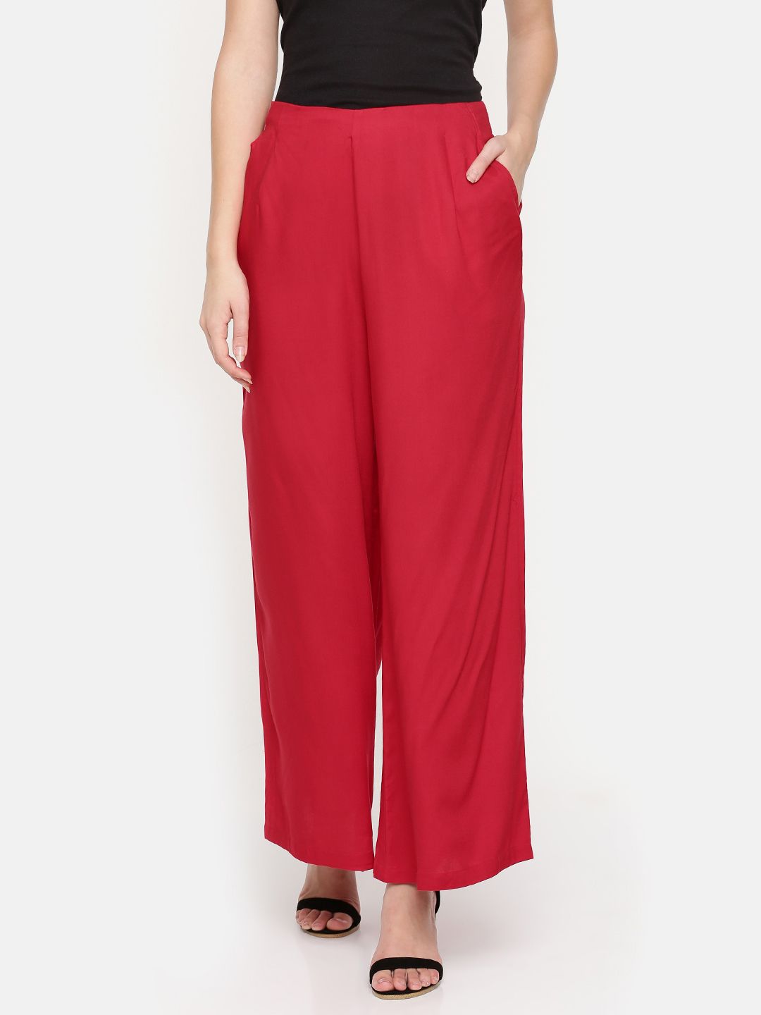 De Moza Women Red Solid Wide Leg Palazzos Price in India